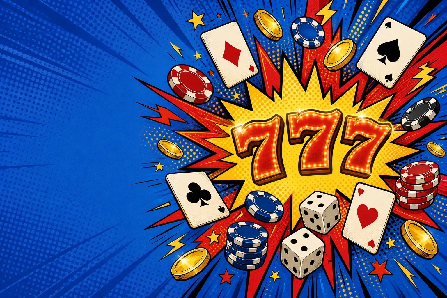 Yep Casino online — komiksowy wybuch symboli 777, kart, kości i żetonów w stylu pop-art